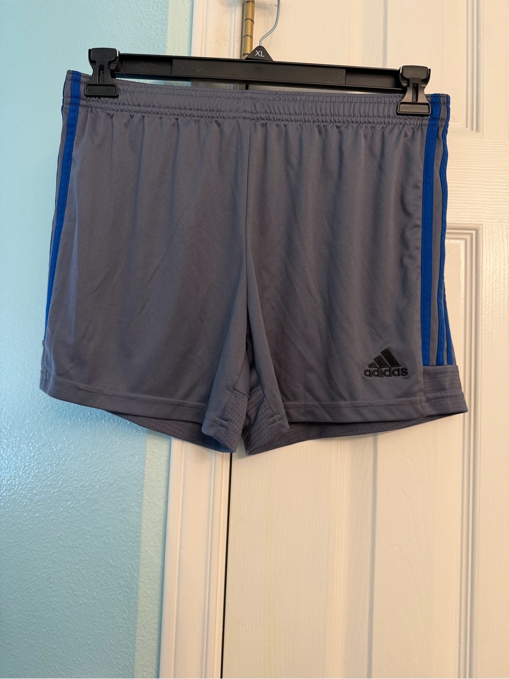 adidas Women's Gray Athletic Shorts with Blue Side Stripes